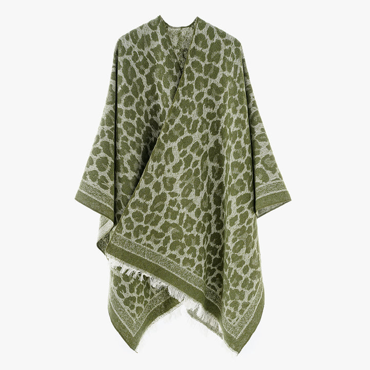 Women Jacquard Cape Poncho with Leo Structure and Fringe Hem Mune Fashion