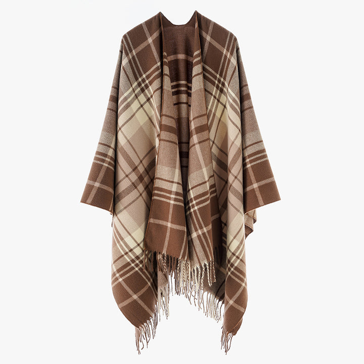 Women's Pure Wool Look Throw in Tartan Check with Open Front and Fringed Hem Mune Fashion