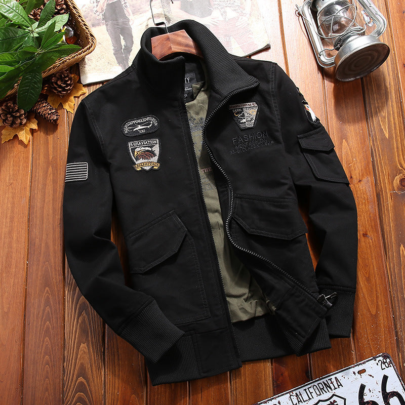 Men's Canvas Pilot Jacket with Embroidered Patches, Multiple Pockets, and Ribbed Cuffs Mune Fashion
