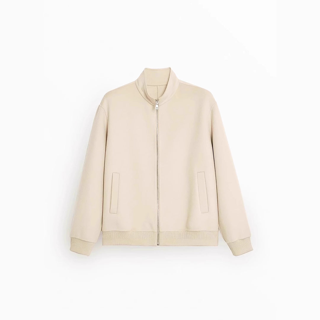 Men's Casual Wool Blend Zip Jacket with Stand Collar and Ribbed Cuffs Mune Fashion