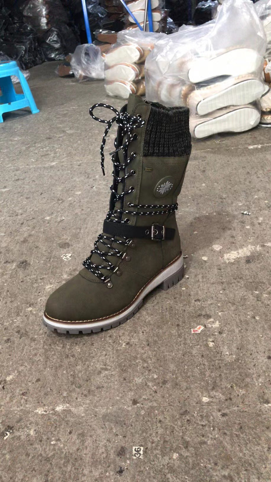Women's trendy mid-calf lace-up boots with side zipper, knitted cuff, and patterned rubber sole Mune Fashion