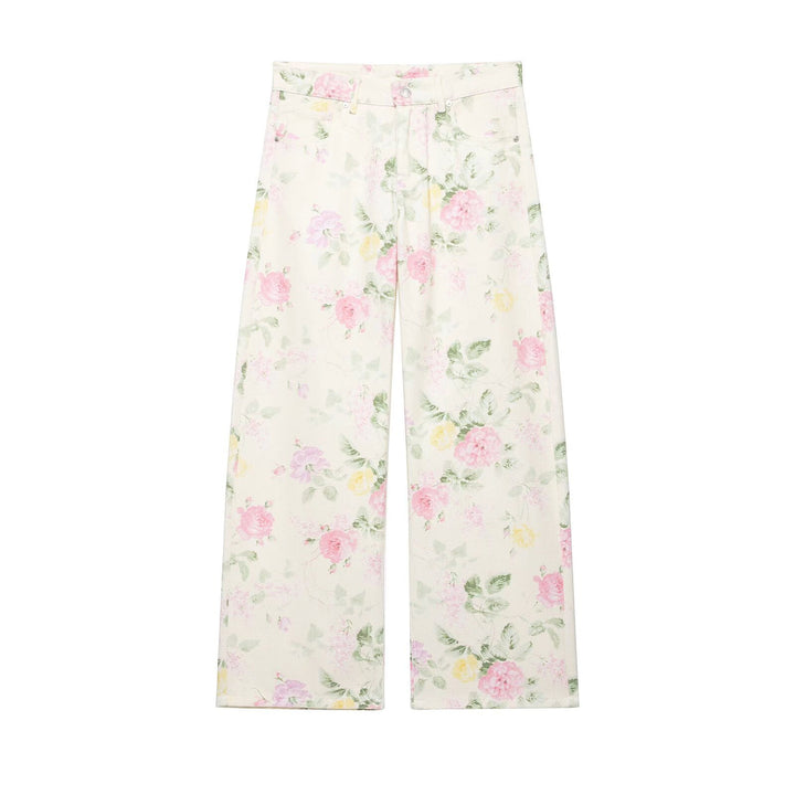 Women's High-waisted Wide Leg Jeans with Delicate Floral Pattern and Five-pocket Cut Mune Fashion