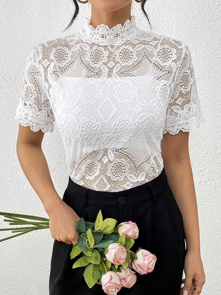 Ladies nan semi-transparent lace top with high ruffle collar and opaque bust part Mune Fashion