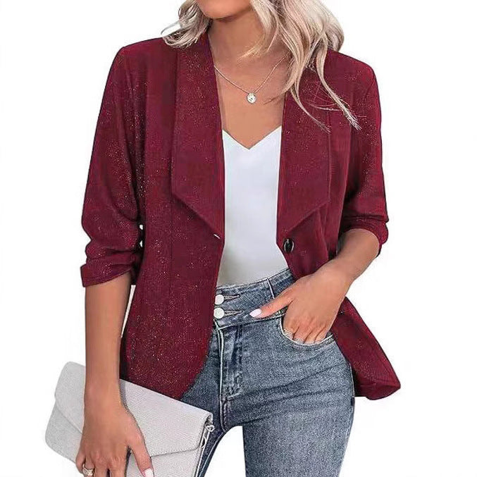 Women's Elegant Glitter Blazer with Waterfall Lapel, Tailored Fit and 3/4 Sleeves Mune Fashion