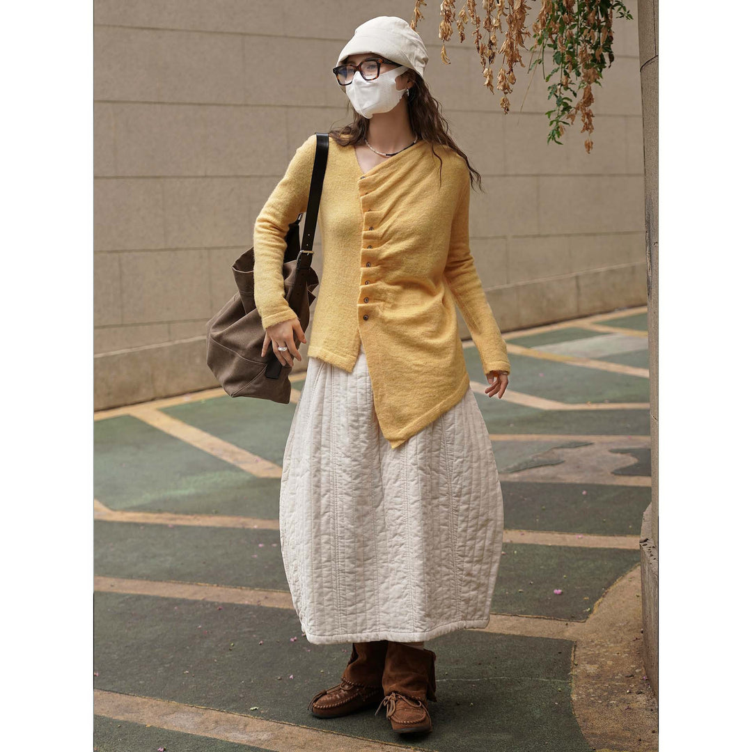 Women's Asymmetric Mohair-Look Cardigan with Offset Button Placket and Pointed Hem
