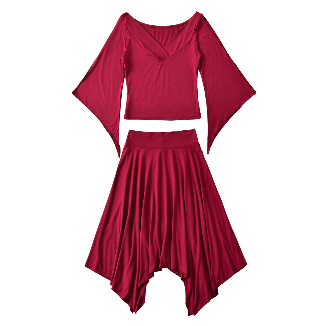 Women's Two-Piece Set with Draped Top with Bat Sleeves and Asymmetrical Flared Skirt Mune Fashion