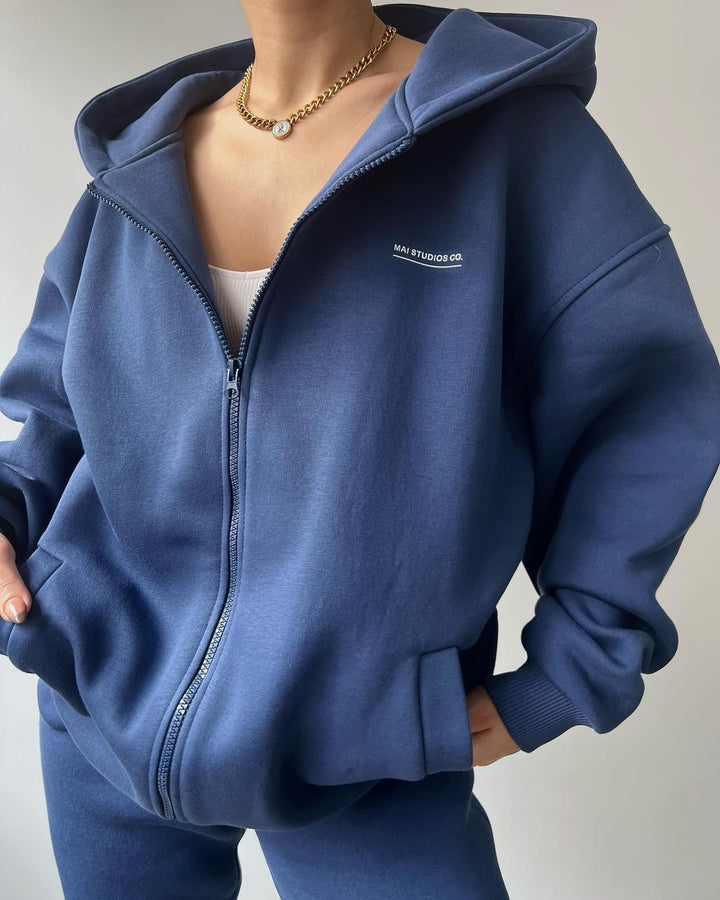 Women's Oversized Hooded Sweat Jacket with Zipper and High-Waist Jogging Pants Set Mune Fashion