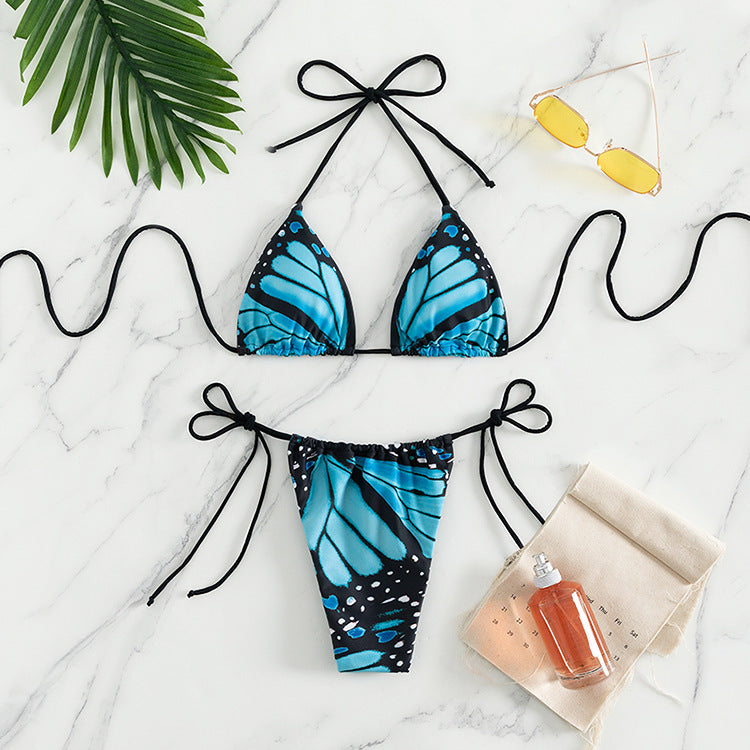 Women's triangle bikini with colorful butterfly pattern and adjustable tie straps Mune Fashion