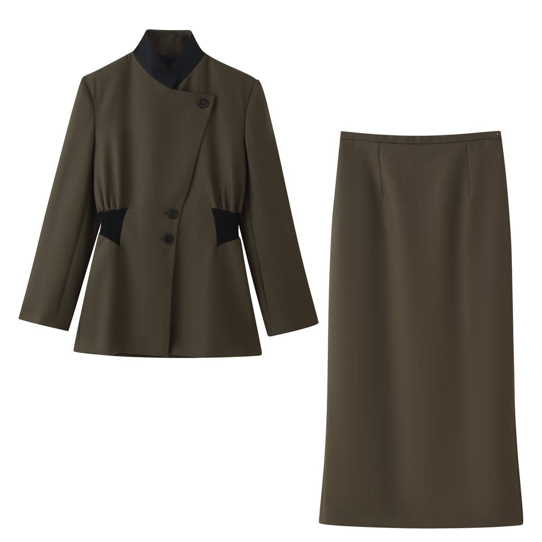 Women Tailored Transitional Blazer with Elastic Ribbed Waistband and Stand Collar Mune Fashion