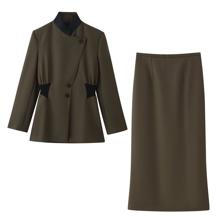 Women Tailored Transitional Blazer with Elastic Ribbed Waistband and Stand Collar Mune Fashion