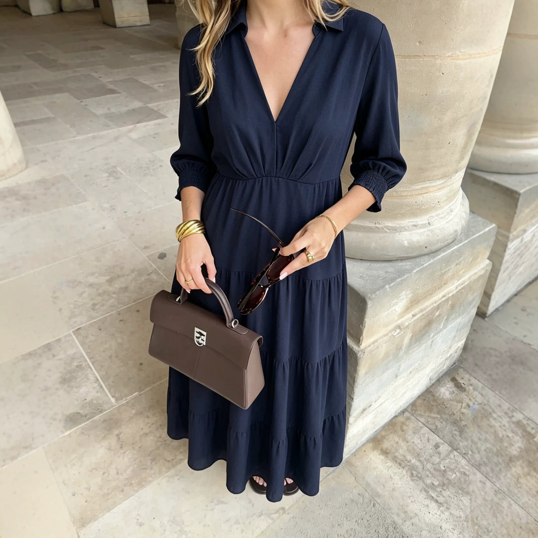 Women’s midi dress in tiered look with shirt collar, V-neck and gathered waist seam Mune Fashion