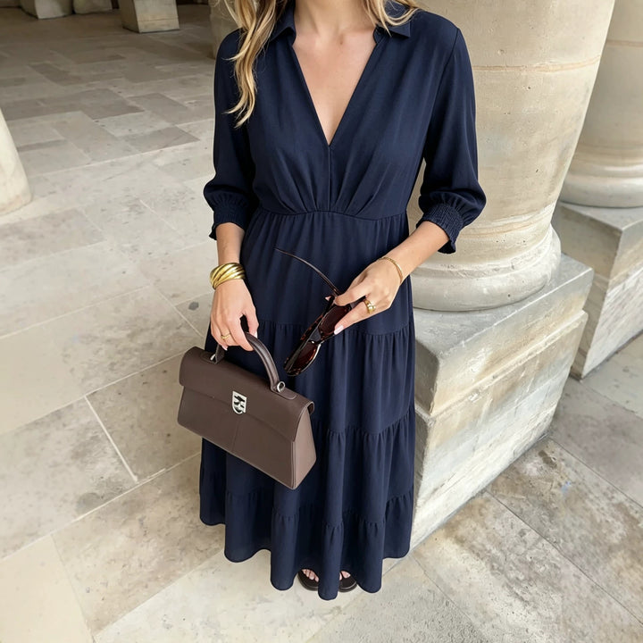 Women’s midi dress in tiered look with shirt collar, V-neck and gathered waist seam Mune Fashion