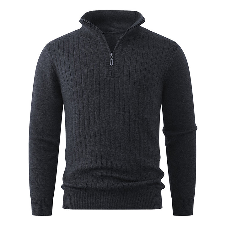 Men's Cashmere-like Half Zip Sweater with Stand Collar and Fine Ribbed Front Mune Fashion