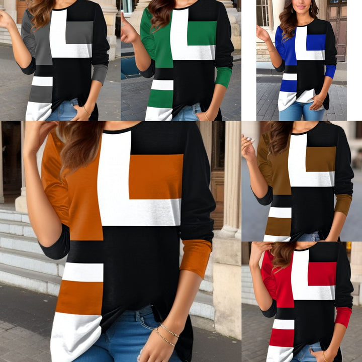 Women's geometric color block long sleeve tunic top with round neck and asymmetrical hem Mune Fashion