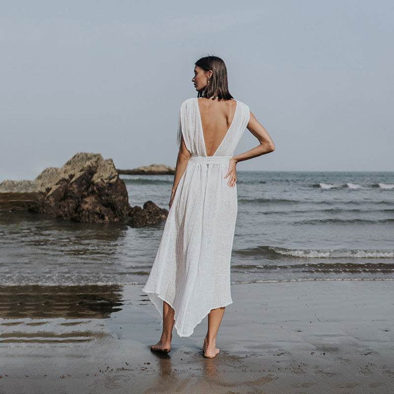 Women airy beach dress with tie belt Mune Fashion