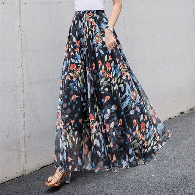Women long pleated maxi skirt with floral summer print and elastic waistband Mune Fashion