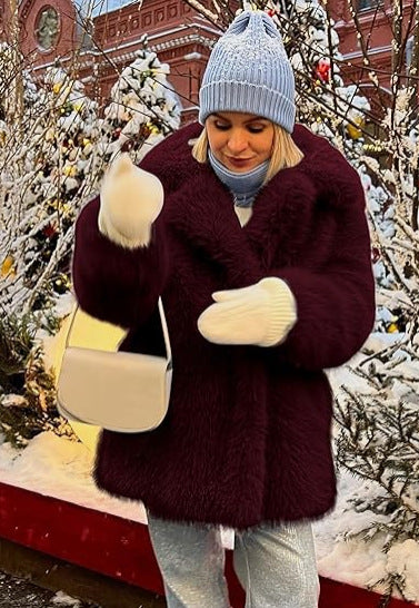 Women's Long Pile Oversized Faux Fur Coat with Boxy Silhouette and Open Cut Mune Fashion