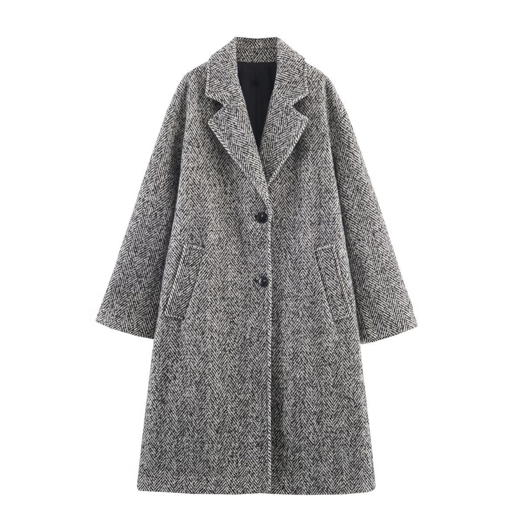 Women Oversized Coat with Herringbone Pattern and Deep Lapel Collar Mune Fashion