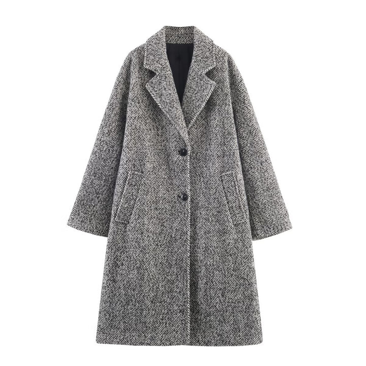 Women Oversized Coat with Herringbone Pattern and Deep Lapel Collar Mune Fashion
