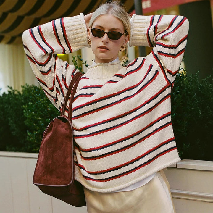 Women's oversized striped cotton blend sweater with wide cut and ribbed cuffs Mune Fashion
