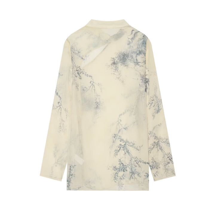 Women Casual Silk-Look Tunic with Mandarin Collar, Asymmetrical Button Placket and Delicate Landscape Print Drune