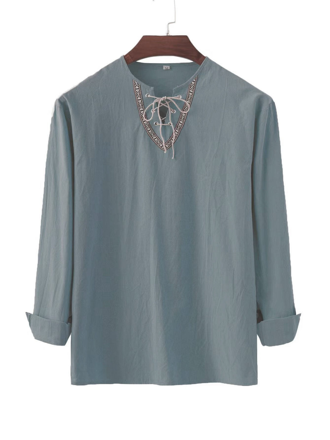 Men's linen tunic shirt with lacing and ethnic border Mune Fashion