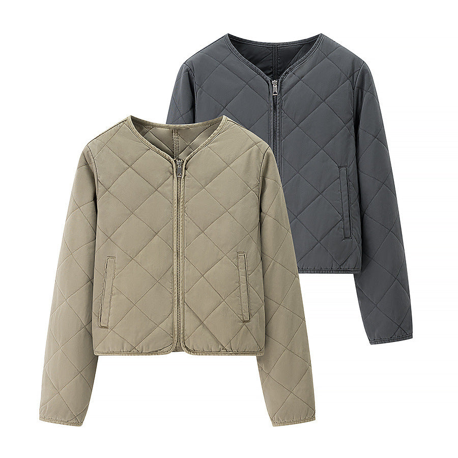 Women Light Quilted Short Jacket with Round Neck, Full Zip and Subtle Waist Length Mune Fashion