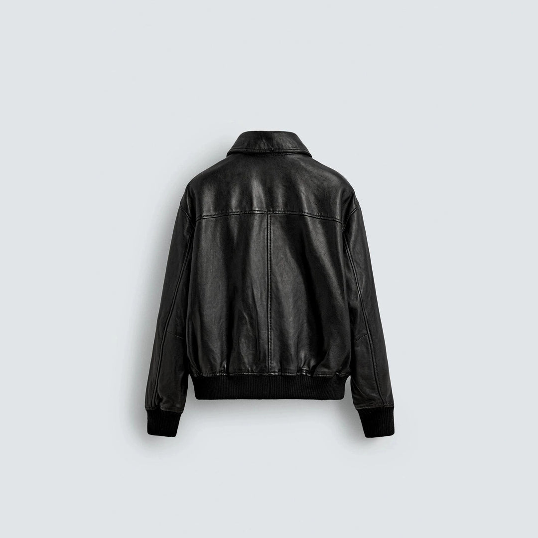 Men's smooth leather blouson in pilot style with shirt collar and patch flap pockets Mune Fashion