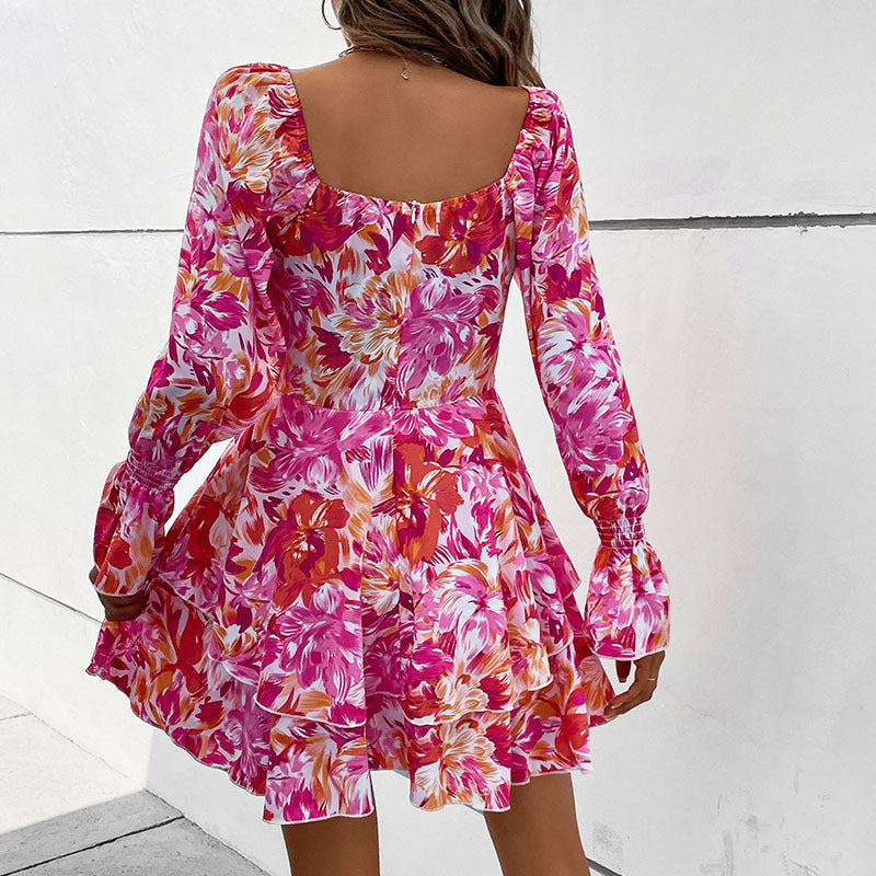 Women’s Floral Ruffled Skater Dress with Bardot Neckline, Waist Seam & Flounce Layers