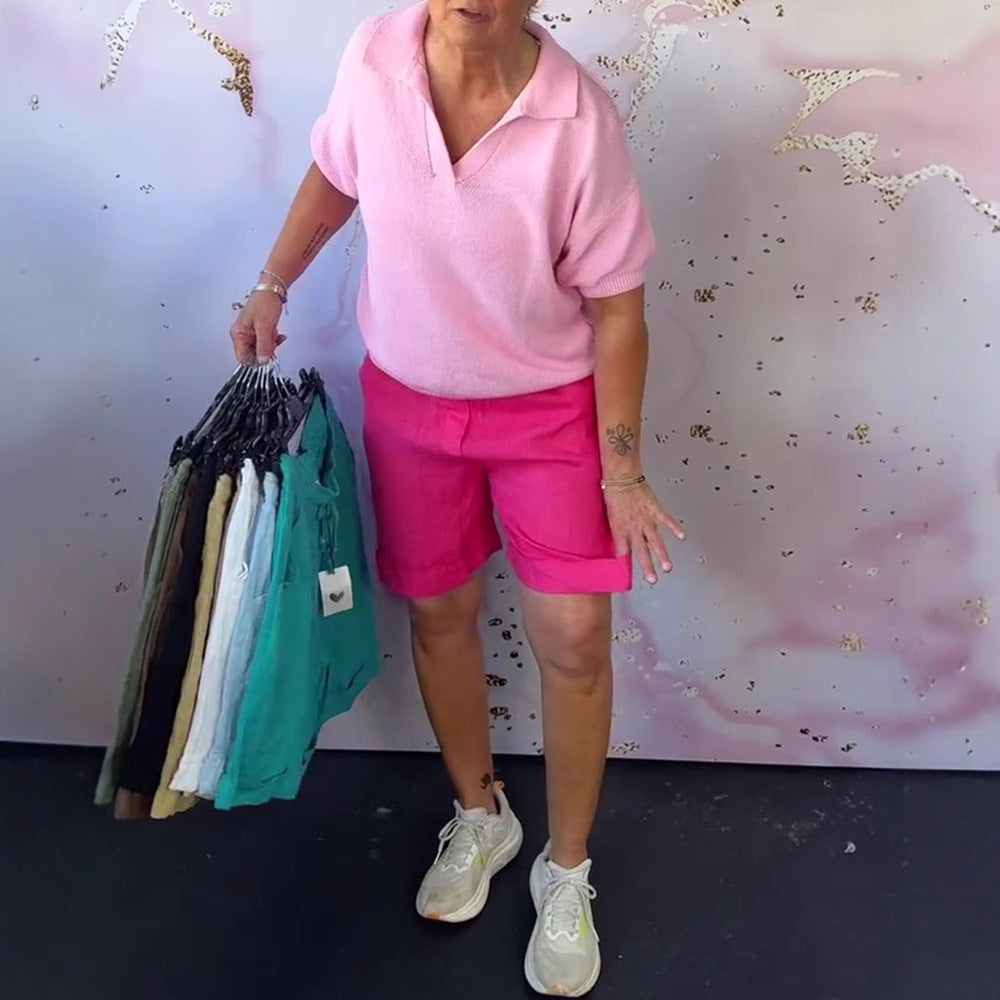 Women's linen bermuda shorts with turn-up hem, button and zip fastening, as well as side pockets Mune Fashion