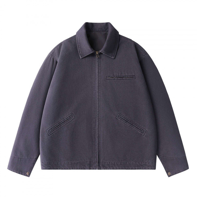 Unisex Boxy Short Jacket in Worker Blouson Style with Shirt Collar and Concealed Zip Mune Fashion