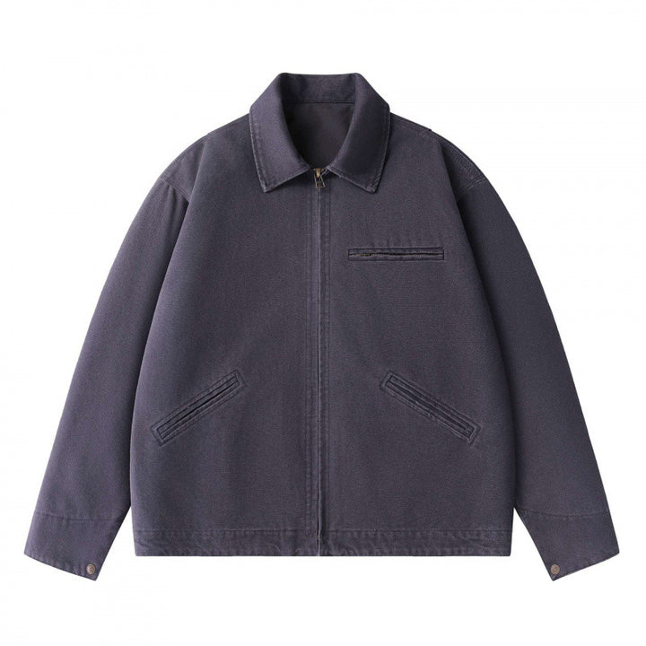 Unisex Boxy Short Jacket in Worker Blouson Style with Shirt Collar and Concealed Zip Mune Fashion