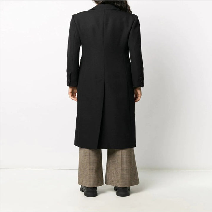 Women Elegant Single-Breasted Long Coat in Tuxedo Style with Narrow Lapels and Satin Trim Mune Fashion