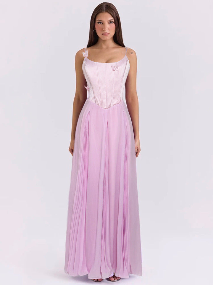 Women's bodycon corset maxi dress with butterfly straps and pleated chiffon skirt Mune Fashion