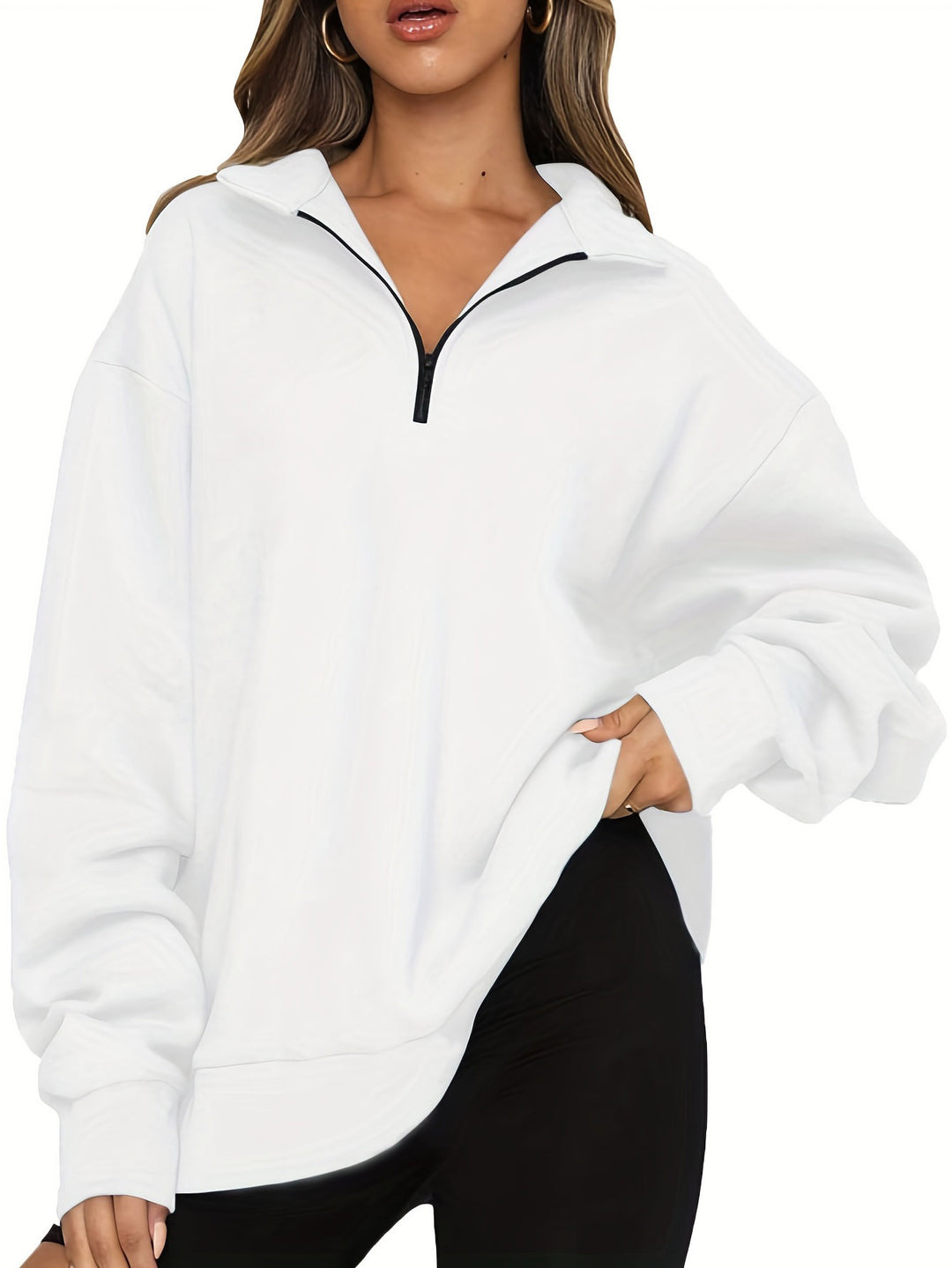Women nan Oversized Sweatshirt with Short Zip, Stand-up Collar and Kangaroo Pocket Mune Fashion