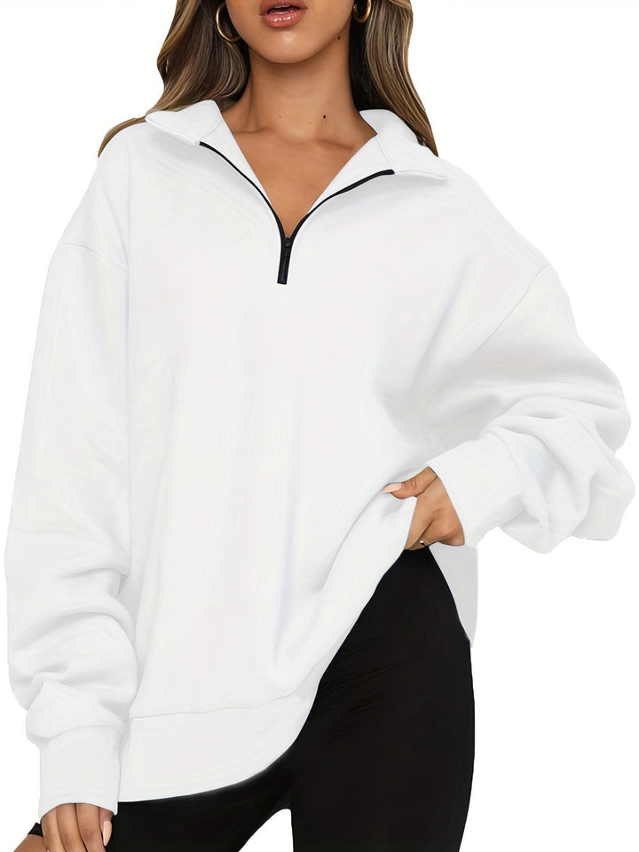 Women nan Oversized Sweatshirt with Short Zip, Stand-up Collar and Kangaroo Pocket Mune Fashion