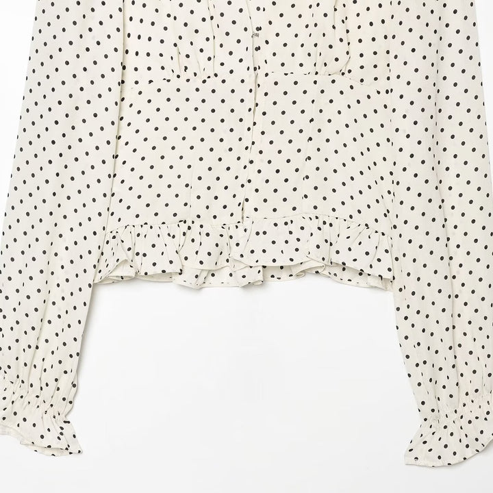 Women Polka Dot Blouse with V-Neck, Ruffled Hem and Balloon Sleeves Mune Fashion