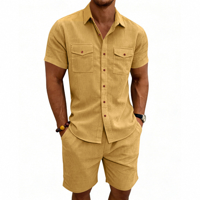 Men's structured cord leisure set with camp collar shirt and casual shorts Mune Fashion