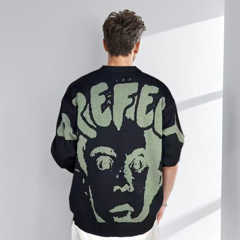 Men's oversized knitted sweater with large jacquard face design and ribbed hem Mune Fashion