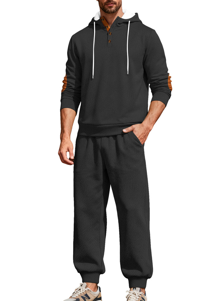 Men's textured hoodie jogging set with Henley button placket and contrast elbow patches Mune Fashion
