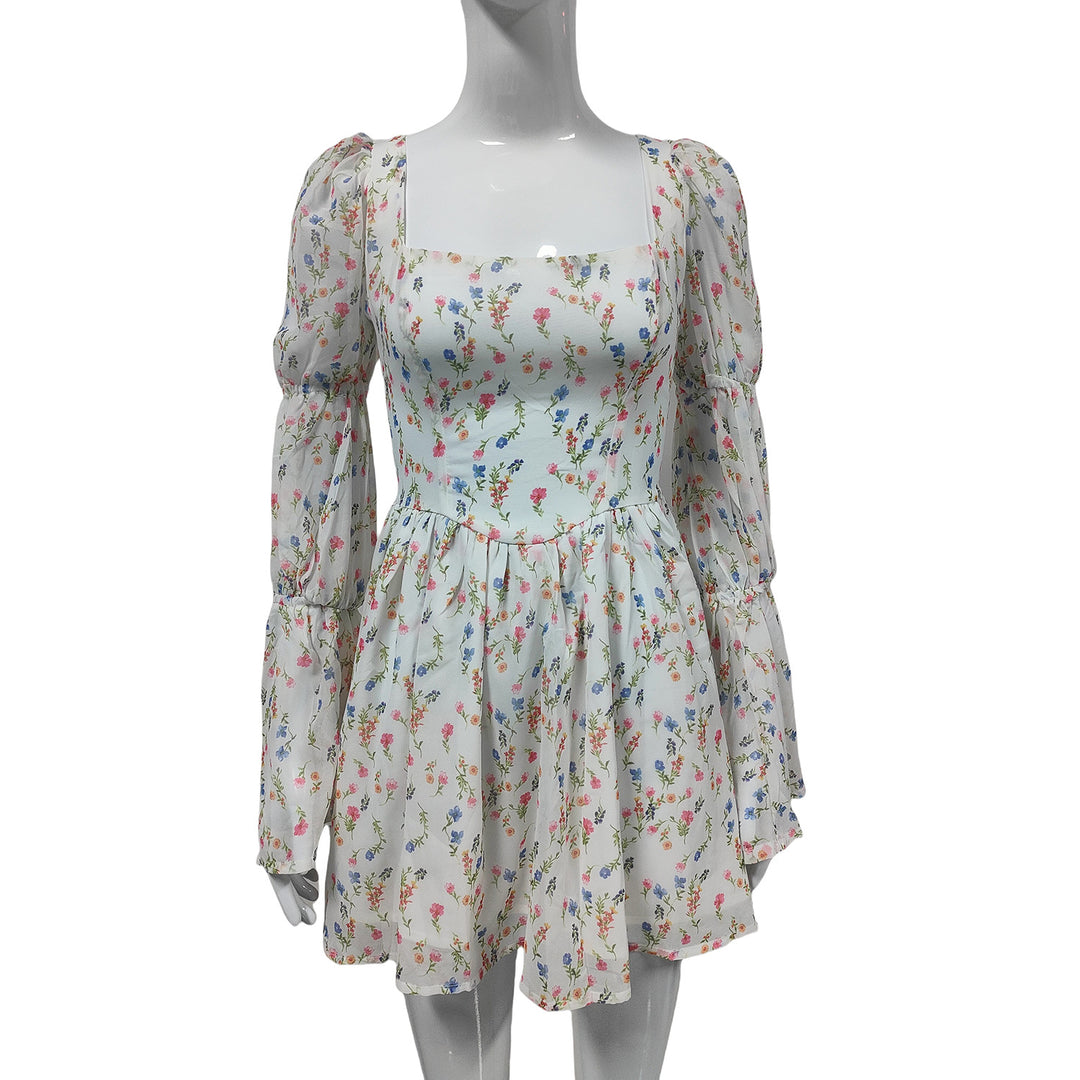 Women's Summer Chiffon Mini Dress with Square Neckline, Puff Sleeves and Tailored Empire Line Mune Fashion