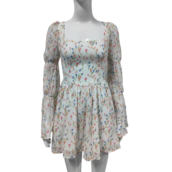 Women's Summer Chiffon Mini Dress with Square Neckline, Puff Sleeves and Tailored Empire Line Mune Fashion