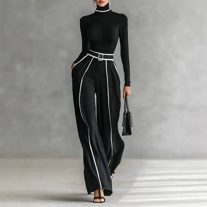 Ladies' elegant knit set with fitted turtleneck top and wide pleated trousers with waistband Mune Fashion