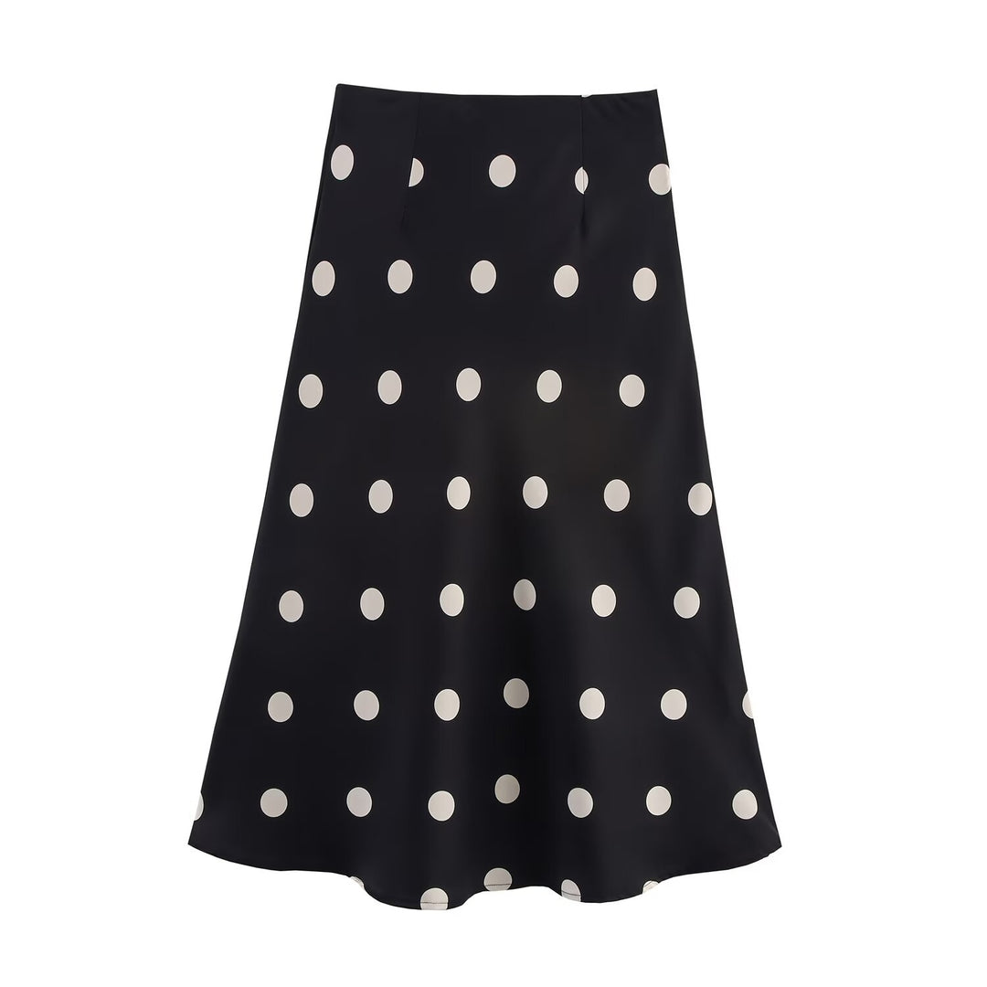 Women's A-line midi skirt made of satin with polka dot print and flowing silhouette Mune Fashion