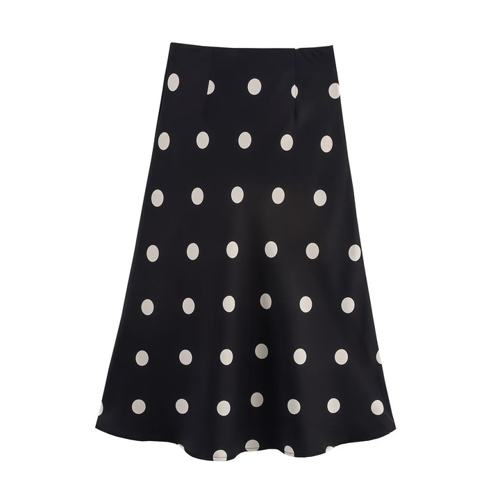 Women's A-line midi skirt made of satin with polka dot print and flowing silhouette Mune Fashion