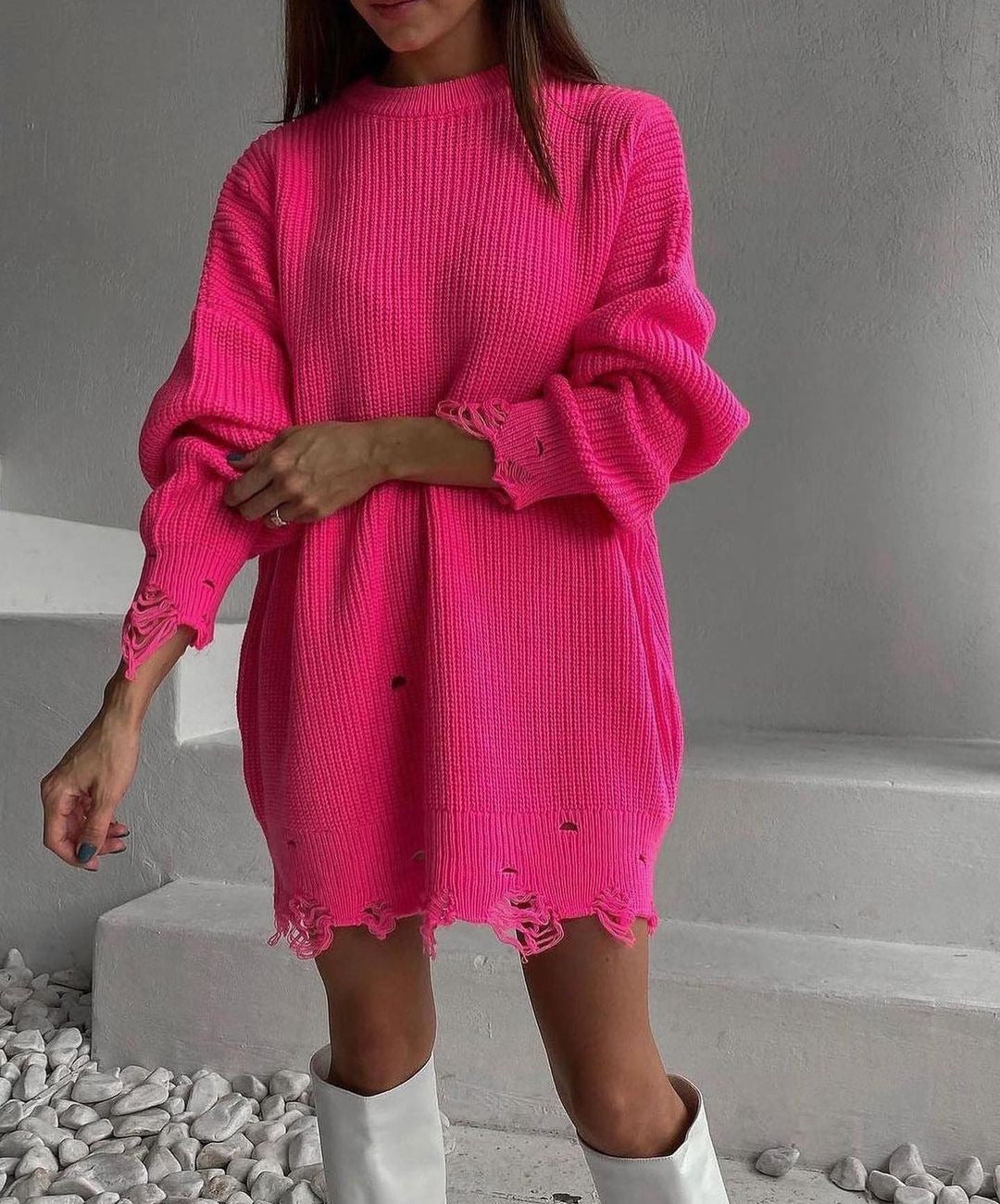 Women Oversized Knitted Dress with Destroyed Hem and Balloon Sleeves Mune Fashion