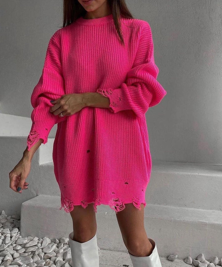 Women Oversized Knitted Dress with Destroyed Hem and Balloon Sleeves Mune Fashion