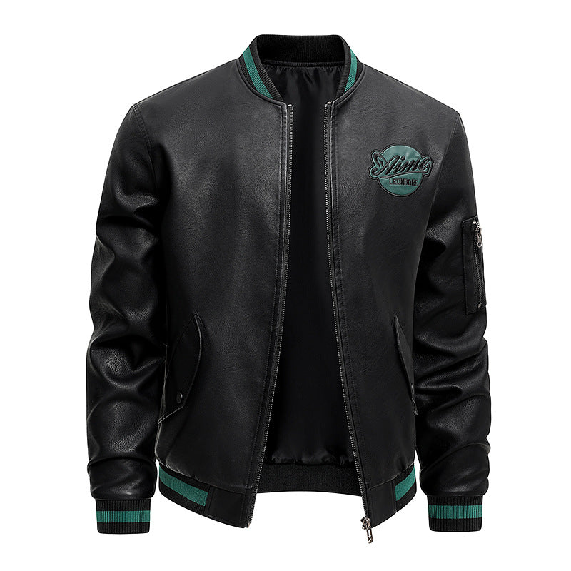 Men's  retro varsity leather-effect bomber jacket with embroidered chest badge and zip sleeve pocket Mune Fashion