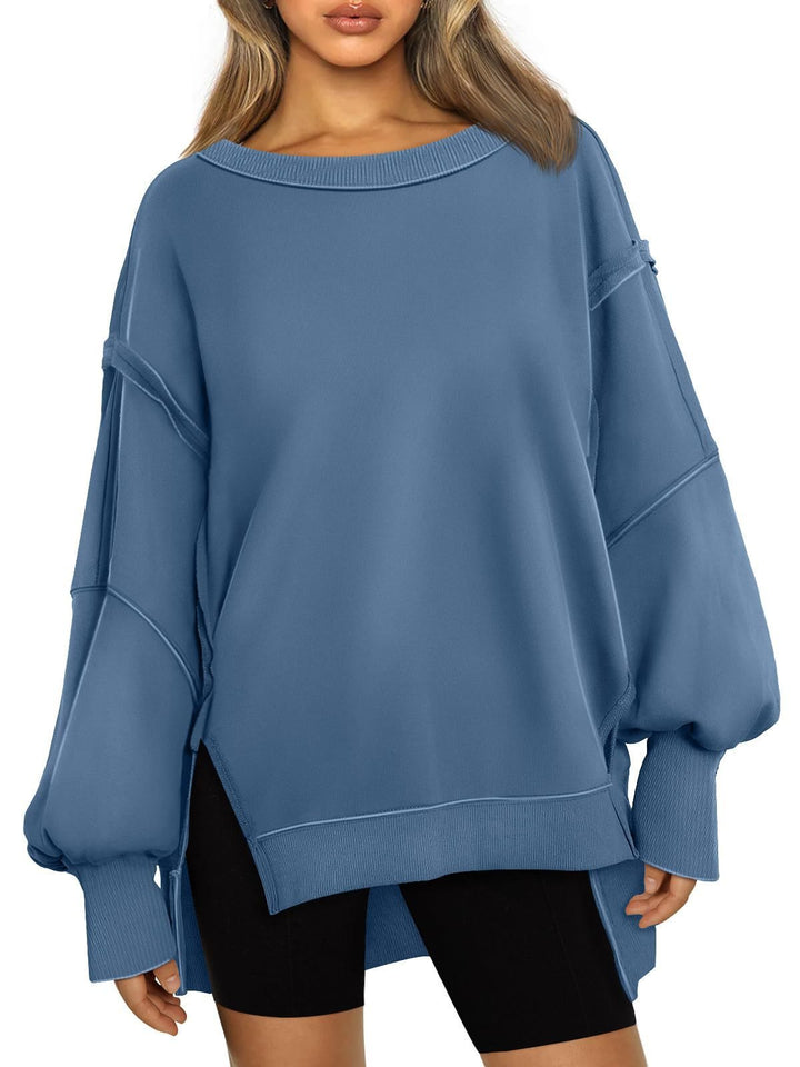 Ladies Soft Longline Sweatshirt with Balloon Sleeves, Side Slits and Ribbed Hem Mune Fashion