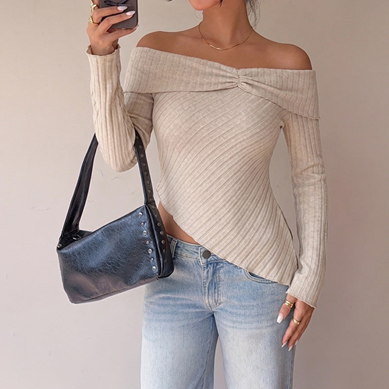 Women's Figure-Hugging Off-Shoulder Ribbed Knit Top with Knot Front and Asymmetrical Hem Mune Fashion